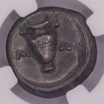 395 BC Ancient Thebes Silver Stater Coin, Boeotia | NGC XF | Toned